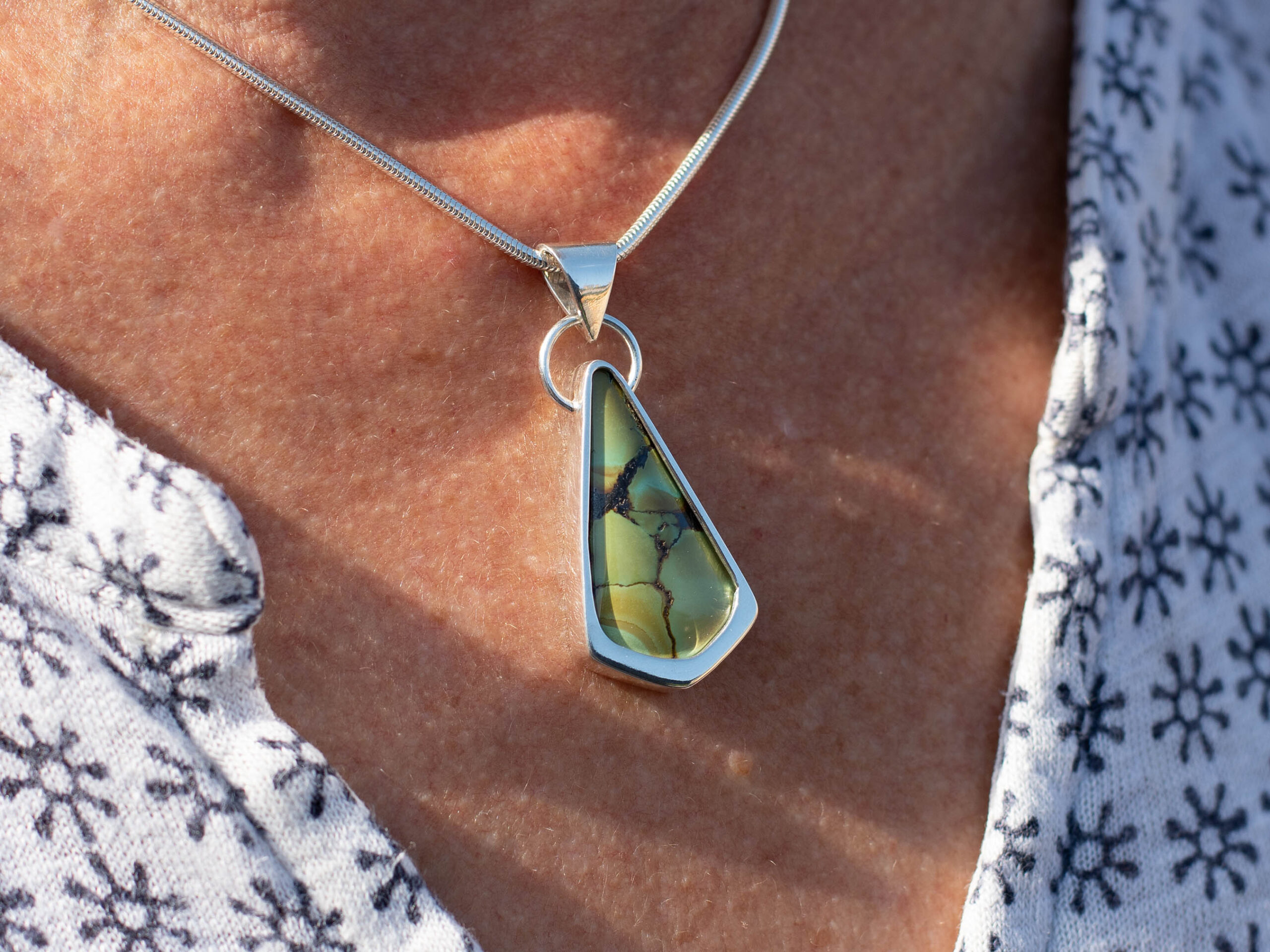 Green Bamboo Mountain Turquoise Sterling Silver Pendant - Being Worn