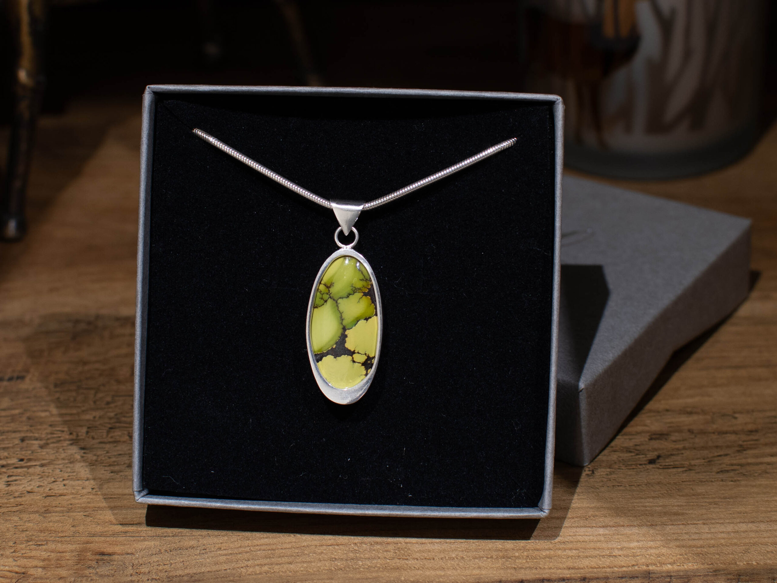 Green Bamboo Mountain Turquoise Sterling Silver Pendant - In Box