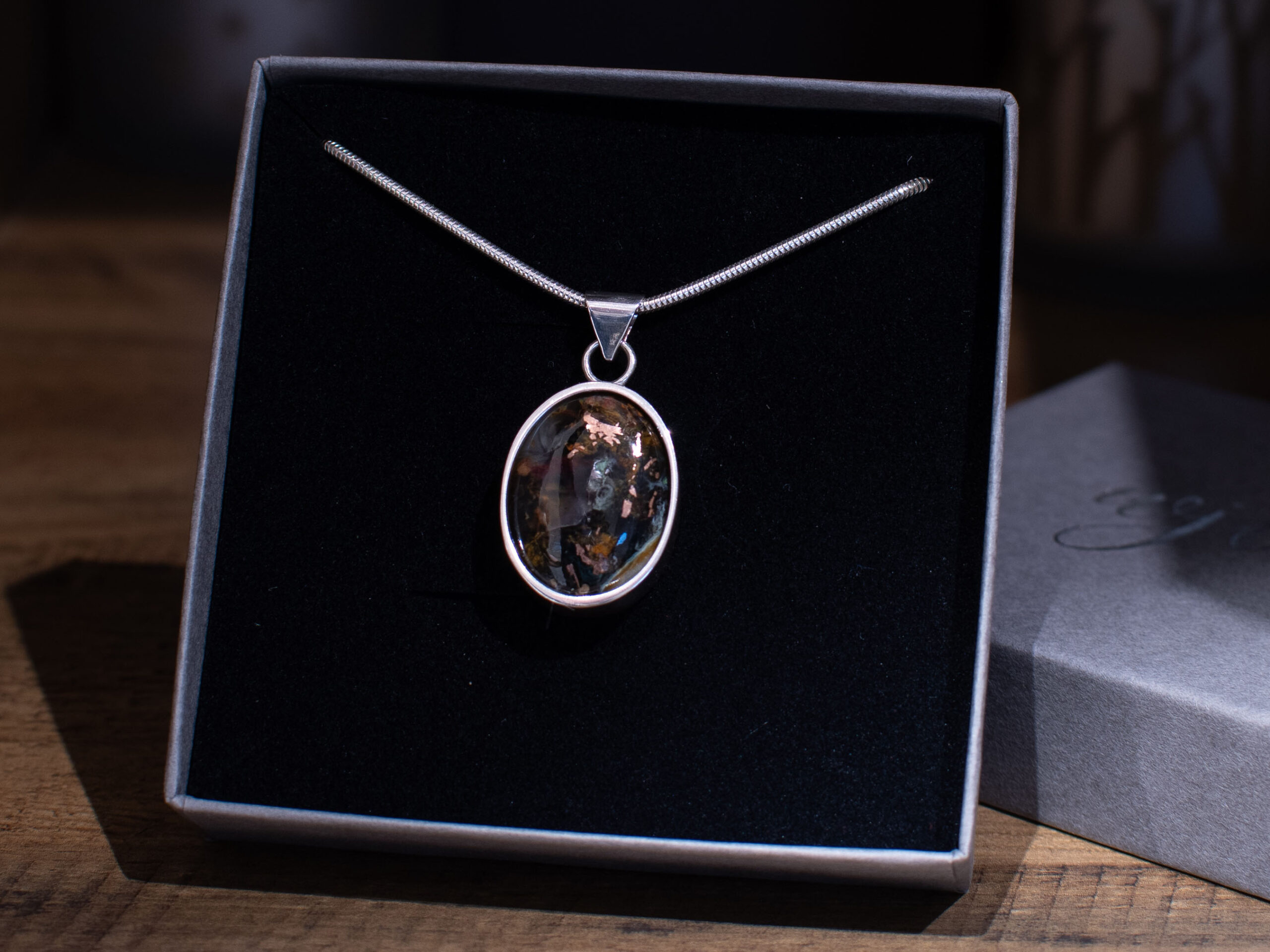 Sterling Silver Chrysocolla & Native Copper Pendant in Box
