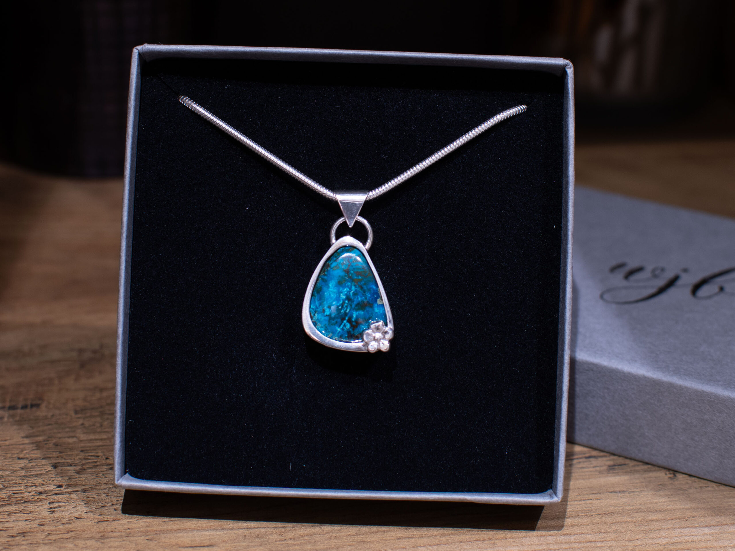 Bright Blue Chrysocolla Pendant in box