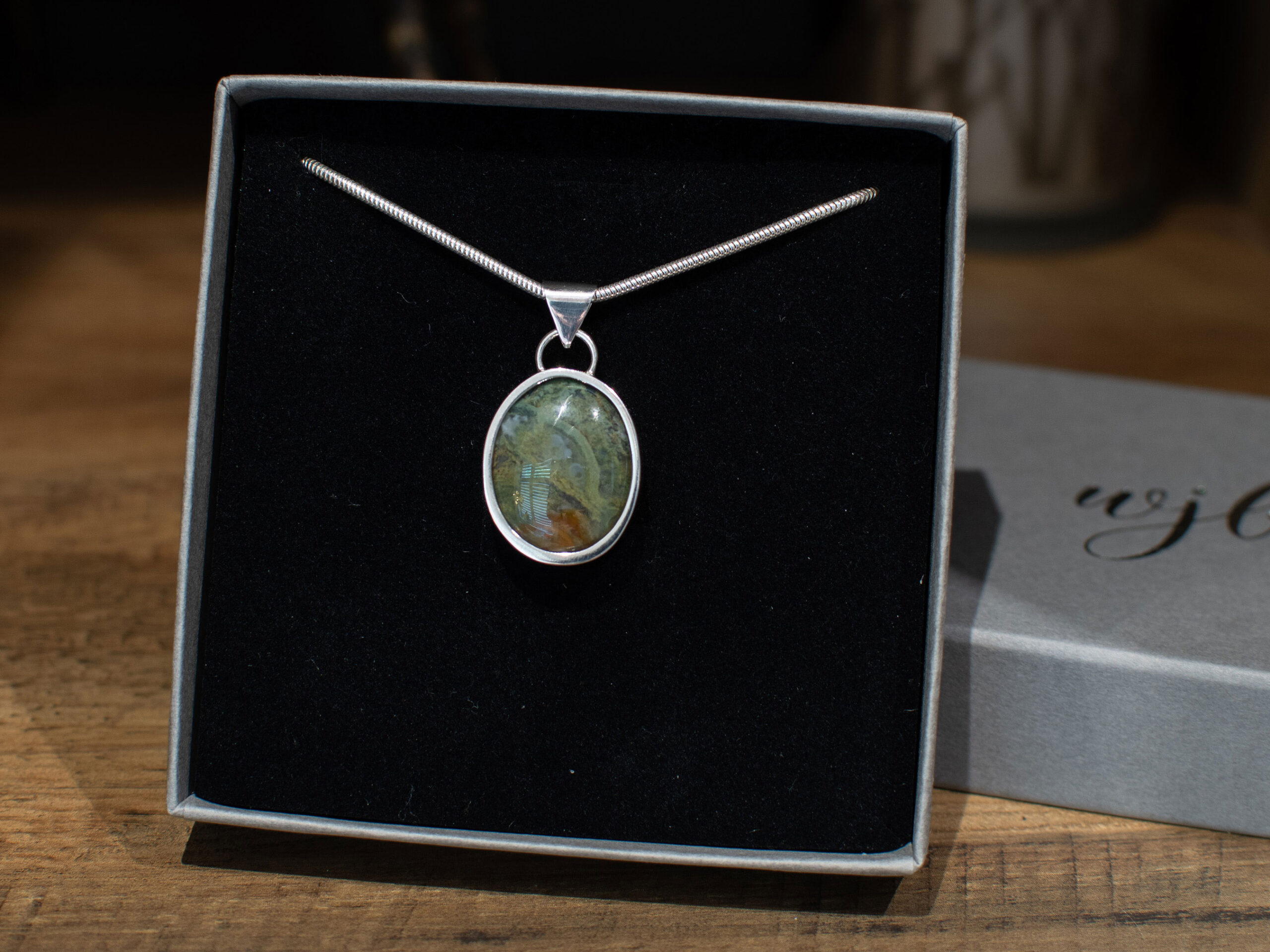Green and Brown Jasper Oval Pendant - in box